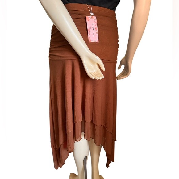 SHEIN Ruched Asymmetrical Skirt Brown Mesh Y2K Boho Western Large NWT - Picture 14 of 15